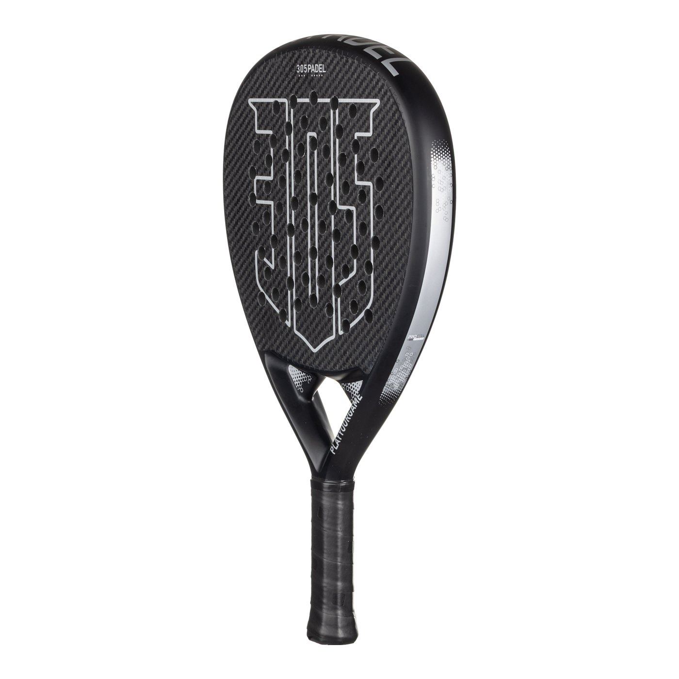 The 305 ProCell padel racket seen from the front on a white background, black with a silver pattern across the face.