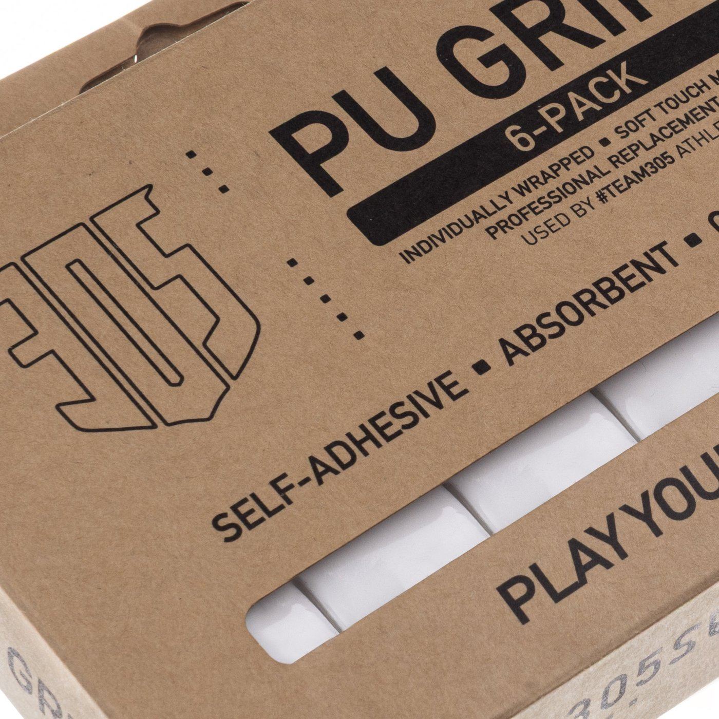 A close-up of a cardboard box of 305 PU grips with white grips visible inside.