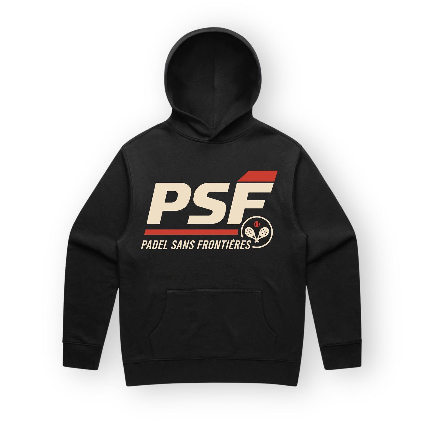 A black hoodie printed with a red, cream and white PSF logo and the words Padel Sans Frontières.
