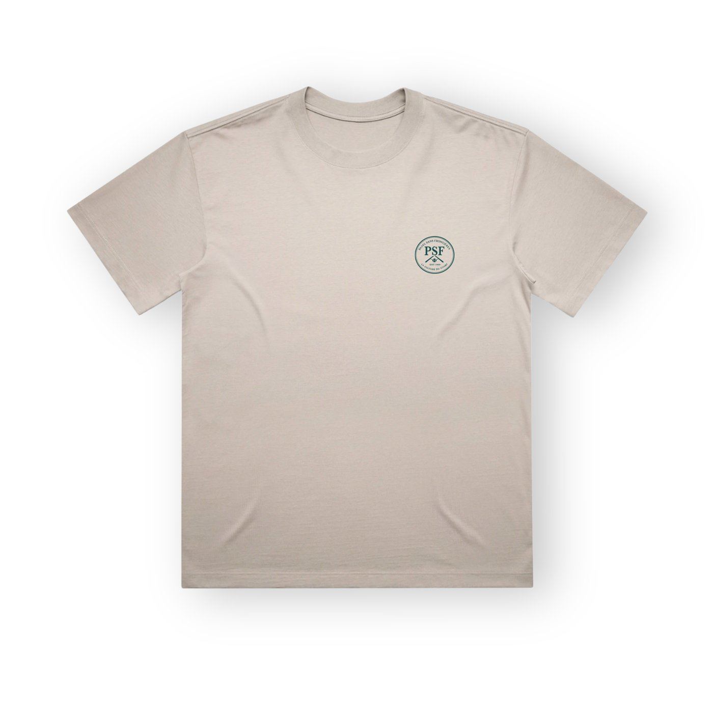A cream t-shirt with a small round crest on the chest, laid flat.