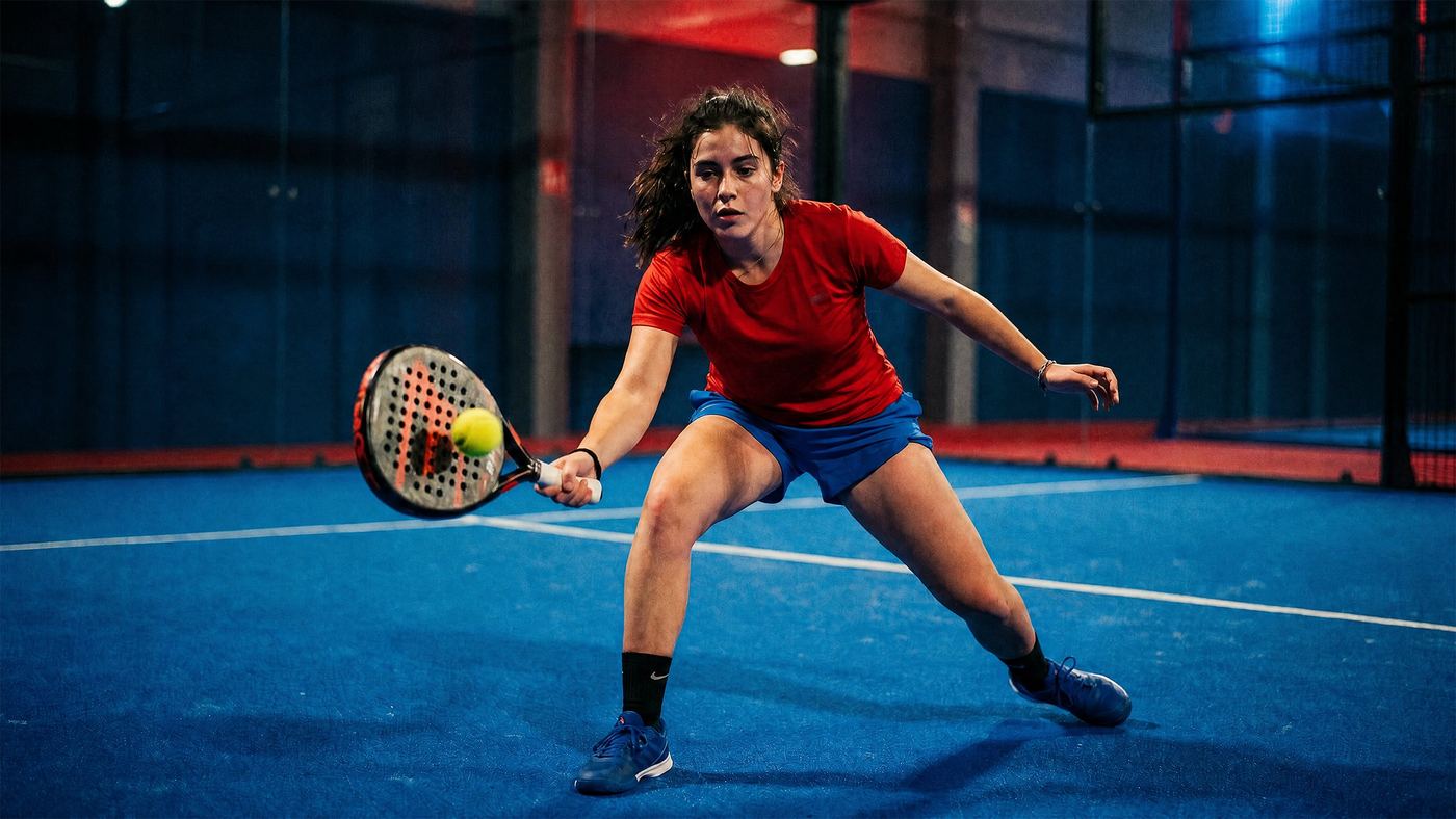 A player in a red top stretching low to hit a forehand on a blue indoor padel court