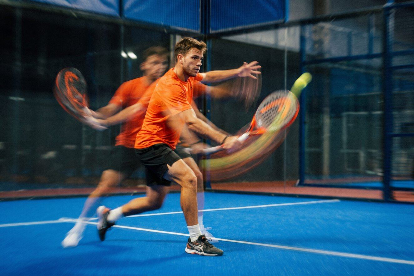 Two players in orange tops moving across a blue padel court, shown with motion blur